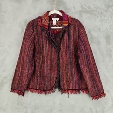 Coldwater Creek Jacket Womens Size PL Pink Tweed Fringed Trim Colorful Bohemian