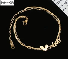 Women Girl Titanium Stainless Steel Heart Love Double chain Anklet Bracelet 8-10