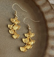 14ct Gold-Plated Ginkgo Leaf Drop Earrings Dangle Nature Jewelry with Hooks Gift