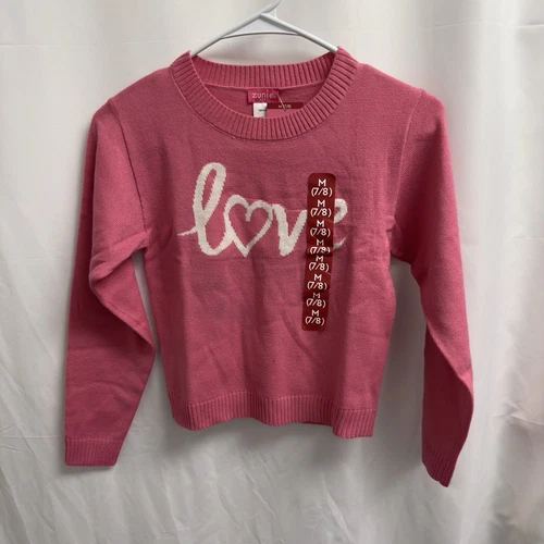 Zunie Girls Valentines Day Sweater Size Medium (7/8) Bright Pink "Love" - Picture 1 of 9