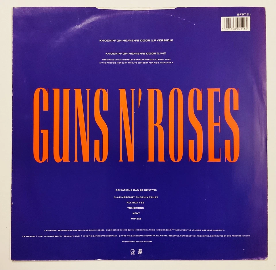 1992 UK GUNS ‘N’ ROSES KNOCKIN’ ON HEAVEN’S DOOR 12” Vinyl 45RPM RARE ED. VG+ - Image 2 of 4