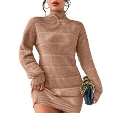 Ribbed Knit High Neck Sweater Dress Drop Shoulder Mini Cozy Minimalist Chic M