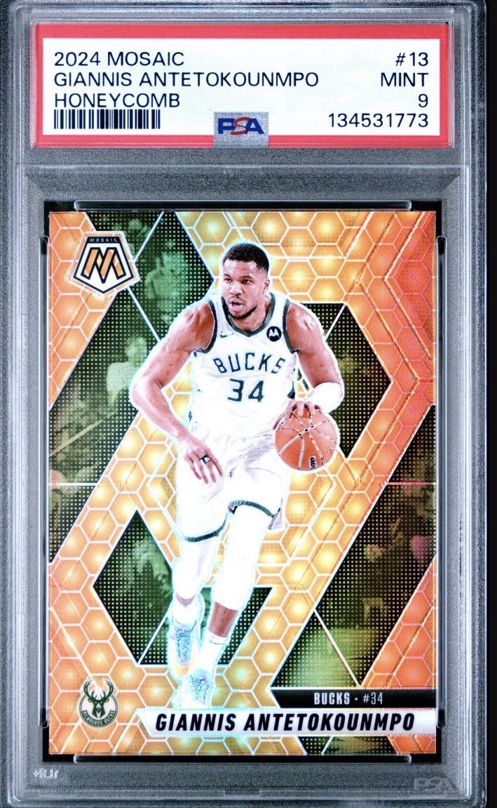 2024-25 Panini Mosaic Giannis Antetokounmpo #13 Honeycomb Prizm SSP PSA 9