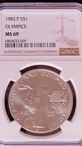 1983-P Olympics Discus Commemorative Silver Dollar, NGC Graded MS69