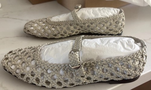 LE MONDE BERYL Ecru Woven Leather Mary Jane Flats New Authentic EU 38 / US 7