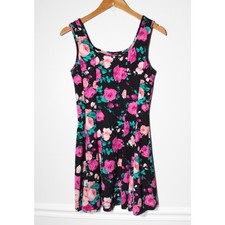 Vintage Y2K Body Central Fit & Flare Dress Black Dark Pink Floral Flowers Size S
