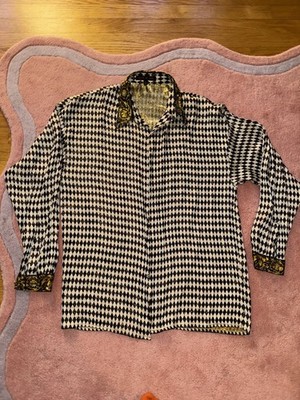 Creme De Silk Silk Geometric harlequin Pattern Gold Metallic Accents Shirt  L