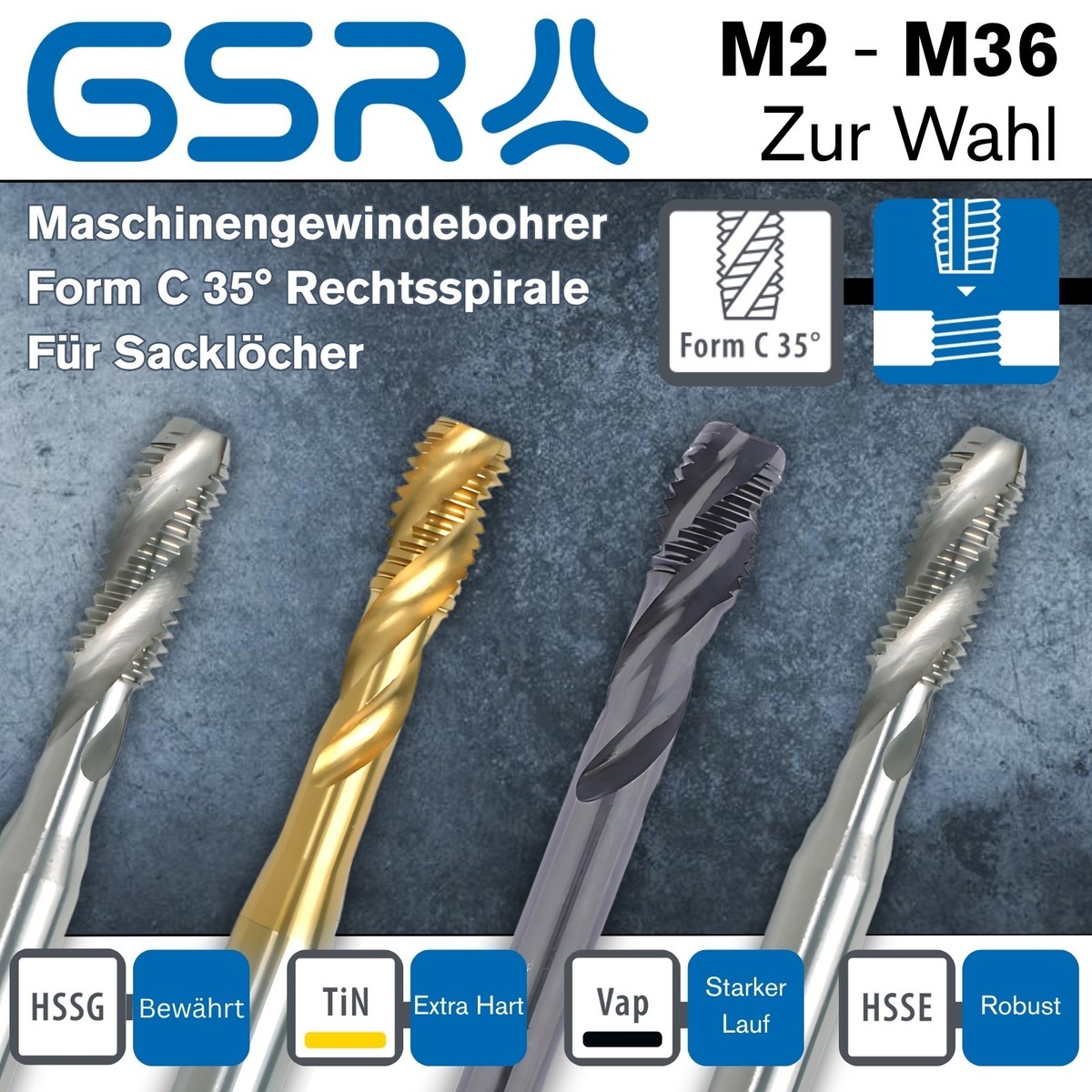 Gewindebohrer M2-M36 HSS/HSSVA/TIN Maschinengewindebohrer Sacklochgewinde 35°RSP