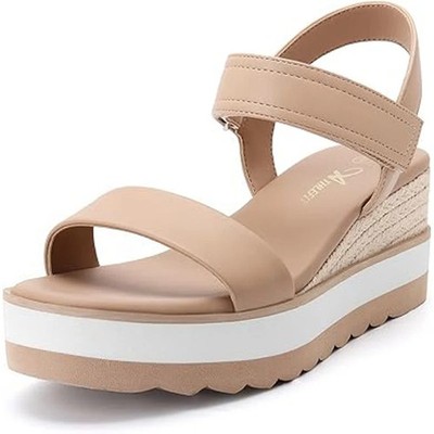 Athlefit Womens Size 6.5 Tan Hook Loop 2.5'' Platform Open Toe Espadrille Sandals