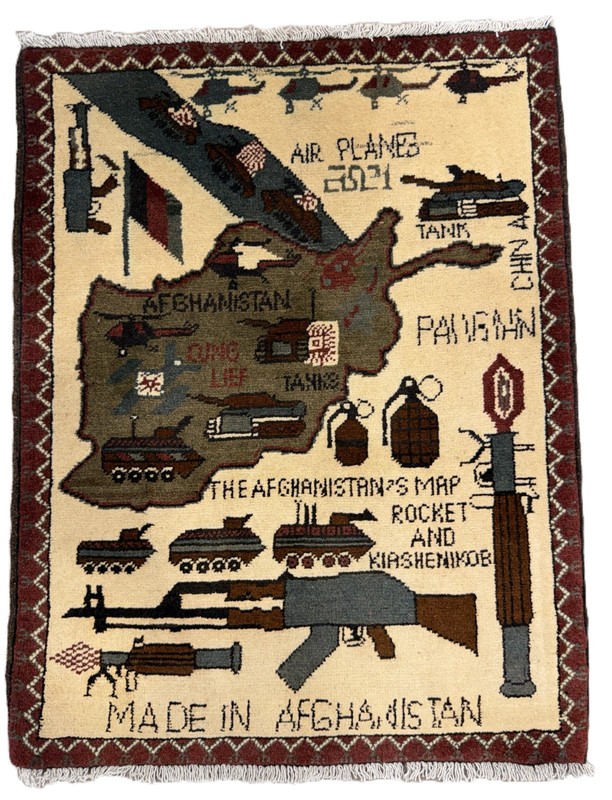 Hand Knotted Afghan War AK 47 Pictorial Balouch Wool Area Rug 2.8 x 2.0 Ft