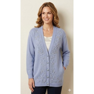 Vintage Jaclyn Smith Blue Embroidered Beaded Cardigan Sweater Medium