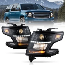 Preenex Black Headlights For 2015-2020 Chevy Tahoe Suburban HeadLamps LH+RH LED