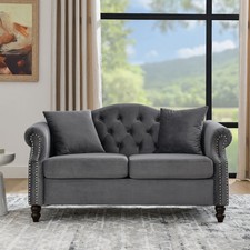 57" Grey Velvet Chesterfield Sofa 2-Seater - Tufted w/ Rolled Arms