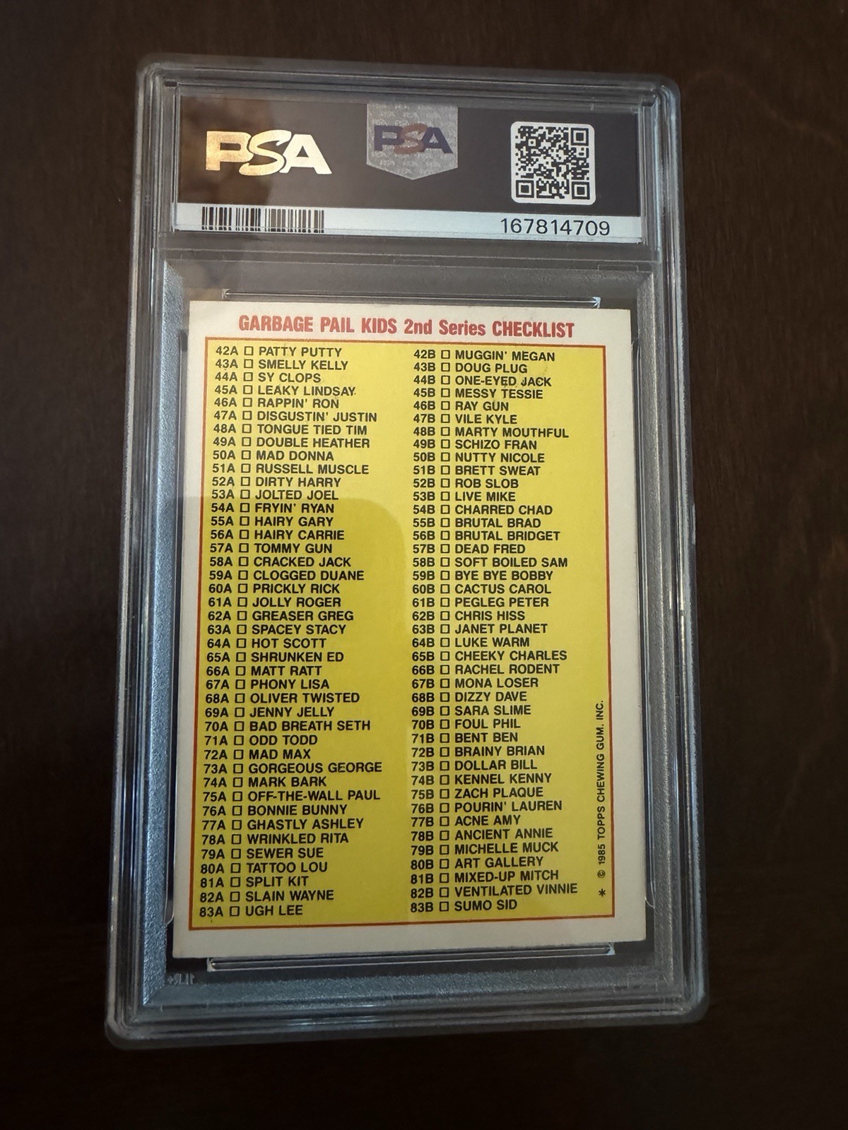 1985 Topps Garbage Pail Kids #47a - Disgustin' Justin Checklist PSA 5 view 2