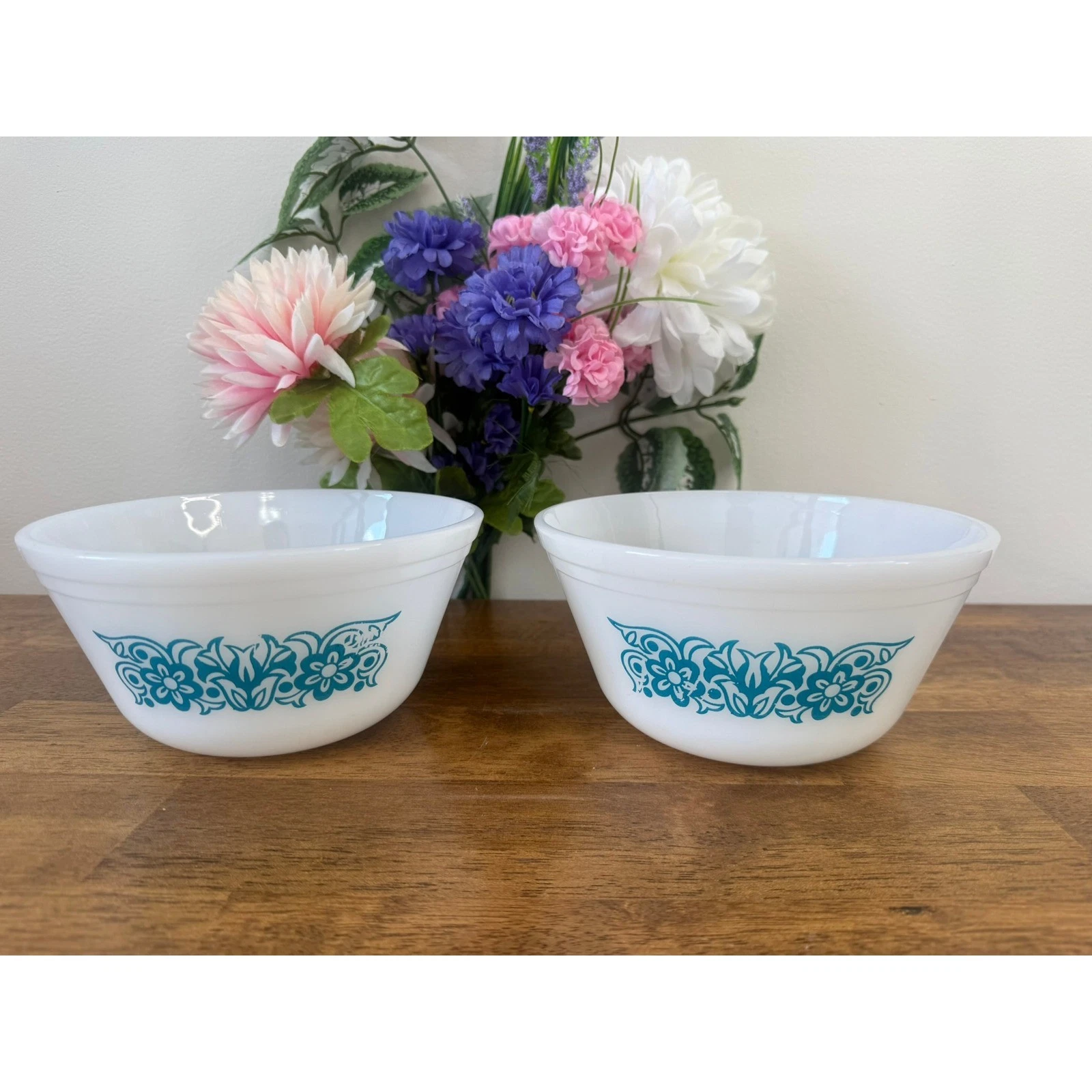 Vintage Federal Glass Turquoise Scroll Milk Glass Mixing Bowls MCM Kitchen Decor
Opens in a new wind