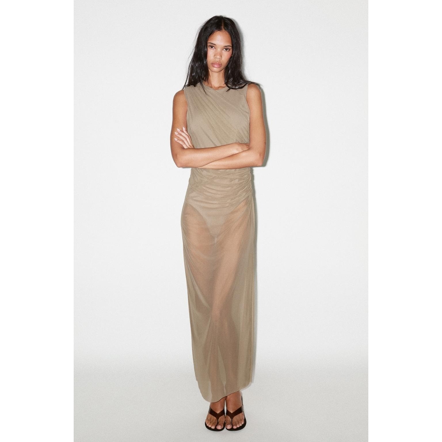ZARA | S | MIDI CUERPO DE TUL Traje VESTIDO Maxi Largo Sin Mangas Taupe