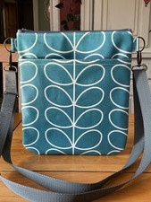 Cross body bag - new - HANDMADE with Orla Kiely Teal Blue Linear Stem Oilcloth