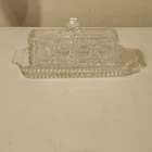 Federal Vintage Glass Covered Butter Dish Geometric Pattern Glossy Lid