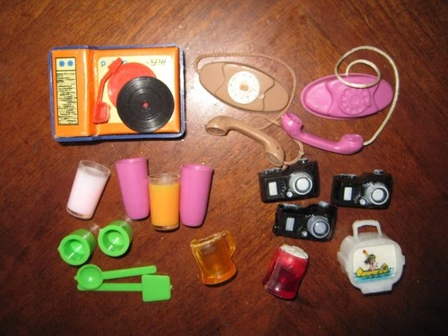 Group Lot Vintage Mattel Barbie Doll Camera Telephone Record Player Accessories