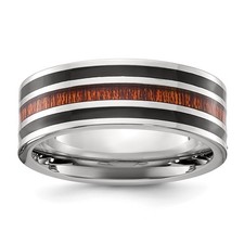 Stainless Steel Polished with Black Resin and Wood Inlay 8mm Band Ring Size 10