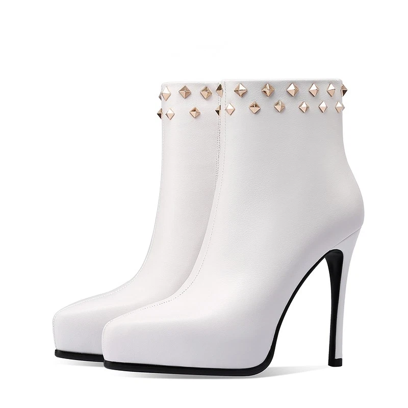 Mujeres Punta Punta Cuero Real Remaches Botines Alto Tacón de Aguja Cremallera Lateral Foto 3 de 4