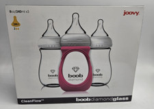 3 NEW Joovy CleanFlow Boob Diamond Glass Baby Bottles 8oz With Pink Sleeve 2179