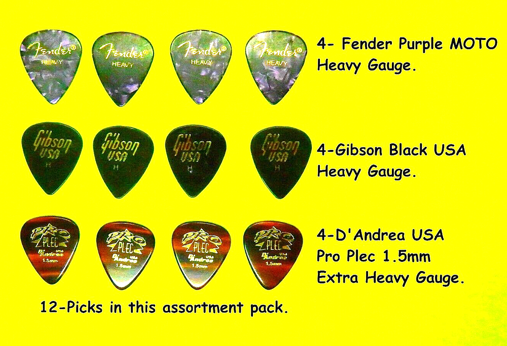 Fender, Gibson, D'Andrea, Guitar Pick assortment, 12 Pick Pack Heavy gauge PICKS