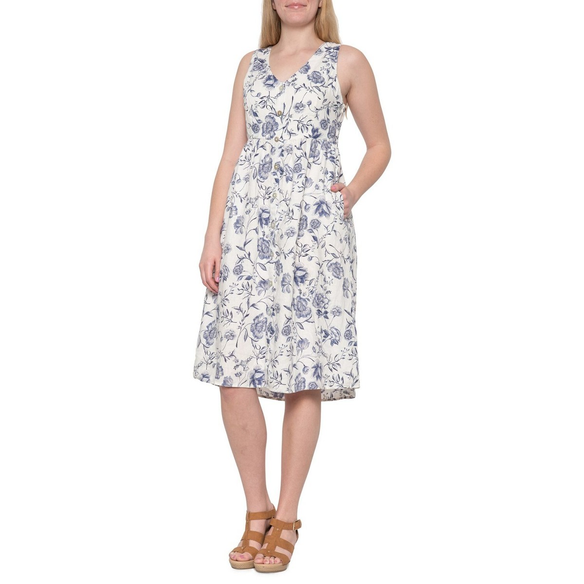 Cynthia Rowley Size 6 Button-Front Linen Midi Dress Empire Waist Blue Floral