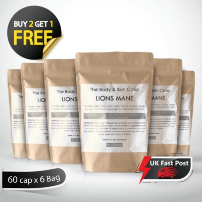 THE BODY AND SKIN CLINIC Lions Mane Mushroom Extract Capsules 10,000mg 240mg Polysaccharides Strong x 6