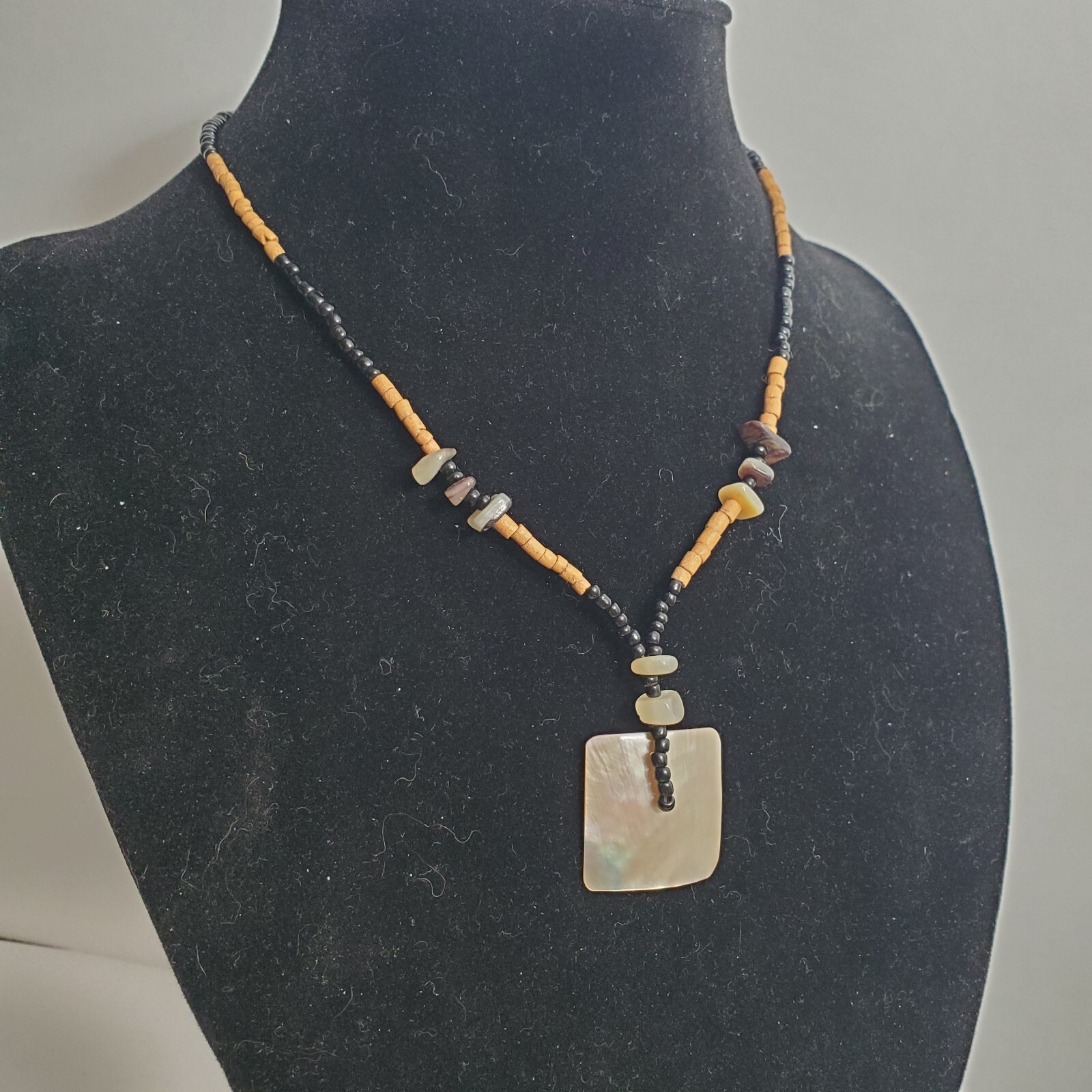 Necklace Abalone Shell Statement Seed Beaded Blac… - image 3