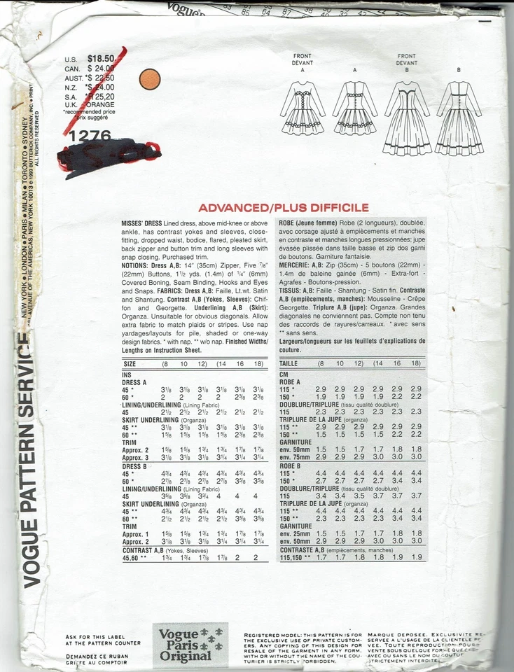 Vogue Designer Pattern 1276 Givenchy Lined Dress 2 Lengths Sizes 14-18 UNCUT - Image 4 of 4