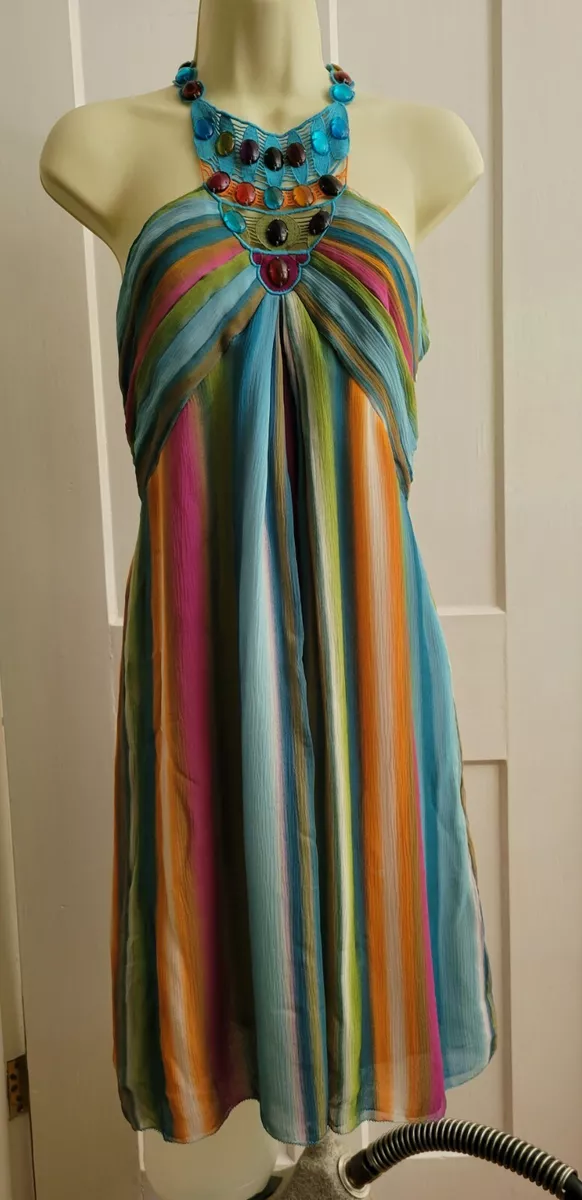 Catherine Malandrino rainbow crochet and beaded halter dress sz