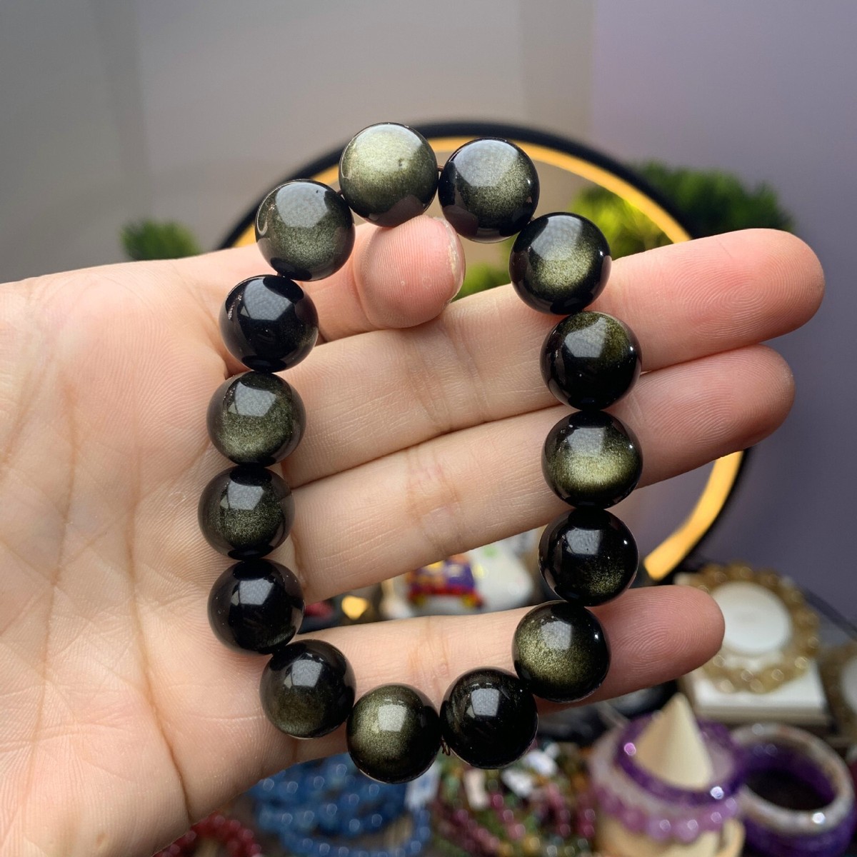 14 mm Natural Obsidian Bead Bracelet Healing Power Crystal - Main Image