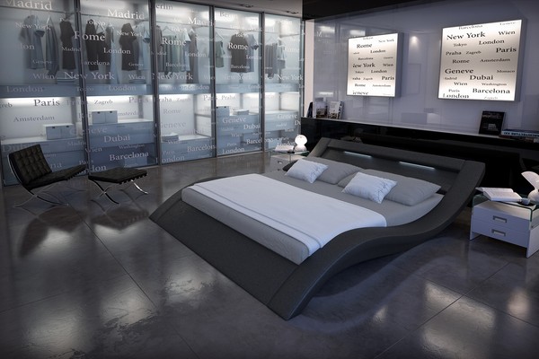 Polsterbett 180X200 Cm Led Schwarz Kunstleder-Optik Doppelbett Klassiches Bett-image