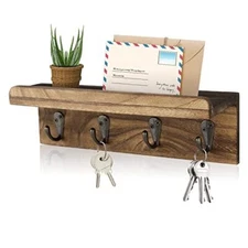 Wooden Key Holder and Mail Organizer for Wall with Shelf and Hooks