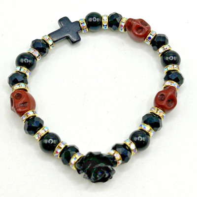 Día de los Muertos 7'' Red Skulls/Black Rose/Cross/Glass Beaded Stretch Bracelet