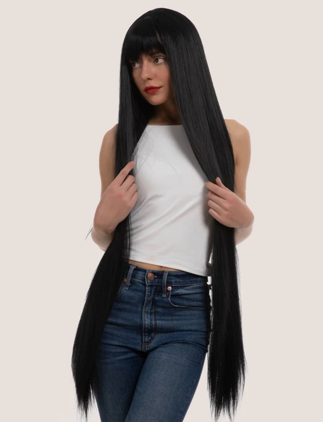 Perruque synthétique noir longue pour soirée cosplay et changement de style rapide