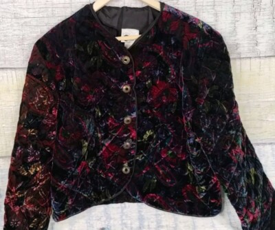 First Option Vintage Womens Large Jacket Black Floral Velvet Button Quilted USA