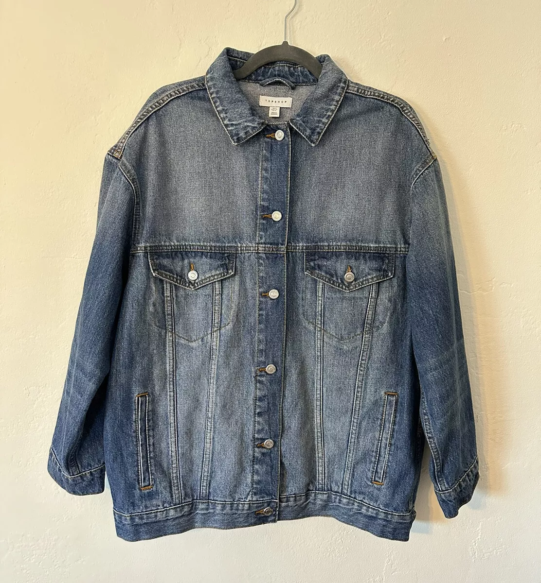 Topshop Blue Wash Denim Jean Trucker Boxy Moto Jacket Retro Oversized Size 4