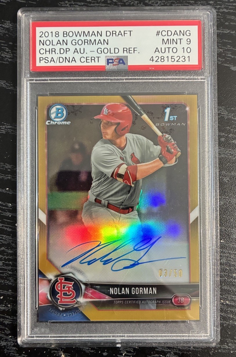 NOLAN GORMAN AUTO 2018 1st Bowman Draft Chrome GOLD REFRACTOR #/50 PSA 9 Auto 10
