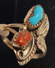 Sterling Silver Ring, Genuine Turquoise, Coral, Sizes 6, 7, 7.5