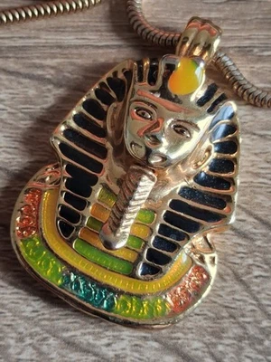 Collier Pendentif Toutankhamon Pharaon Vintage Émail Égypte Chaîne Serpent 50cm - Photo 1/4