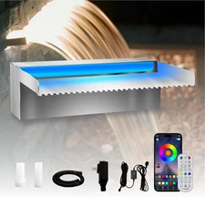 Pool Waterfall Spillway Stainless Steel Koi Pond Fountain, APP Control LED Light