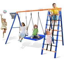 5-in-1 Heavy-Duty Metal Swing Set for Backyard - 500lb Capacity Outdoor Plays...
