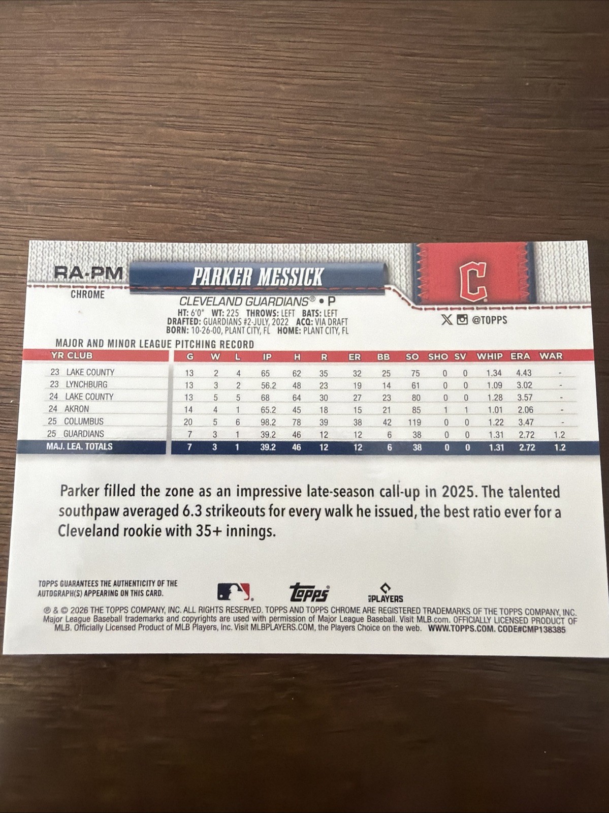 Topps Chrome Baseball 2026 Parker Messick Rookie Auto Gold /50 view 6