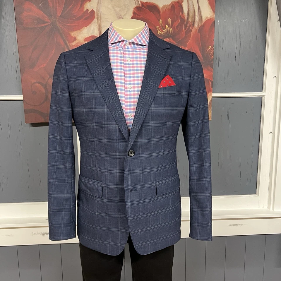 Chaqueta Blazer Bonobos Abrigo Deportivo Para Hombre 42R Calce Ajustado Lana Elastizada Azul Marino/Negro/Verde Foto 2 de 4