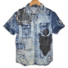 Imperious Y2K Pathed Denim Shirt Men's Metallic Owl Skull Crosses Studs Street S
