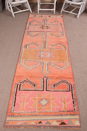 Vintage 2,8x9,9 ft Rug, Turkish Runner Rug, Orange Geometric Rug