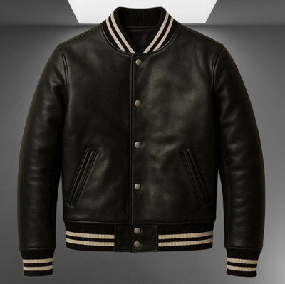 Men's Genuine Black Leather Varsity Bomber Jacket Baseball Letterman Coat