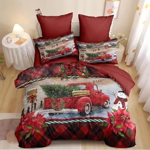 Juego de edredón de plumón de Navidad tamaño rojo Navidad coche rey camión rojo Foto 3 de 4